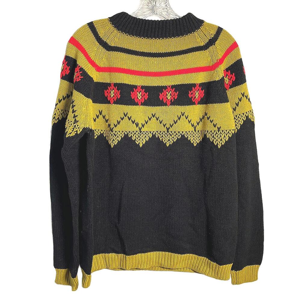 Vintage Black & Gold Hand Knit Fair Isle Heavy Wool Pullover Sweater Size L